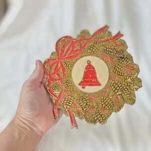 Vtg Solid Brass Trinket Tray Pinecone Wreath Festive Bell Bow Holly Berry India